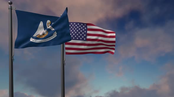 Louisiana State Flag Waving Along With The National Flag Of The USA  - 4K