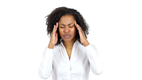 Frustratated Black Woman with Headache White Background