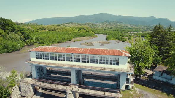 Aerial View of an Old Building and Rioni River Georgia Europe