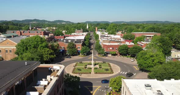 Franklin, Tennessee downtown with drone video moving down.