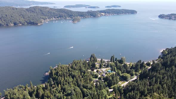 Beautiful ocean and coastline of Howe Sound near Soames Hill in Gibsons, Canada. Wide angle aerial t