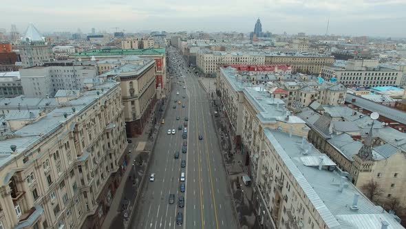 Aerial View of Traffic on Tverskaya Street Near the Moscow Kremlin