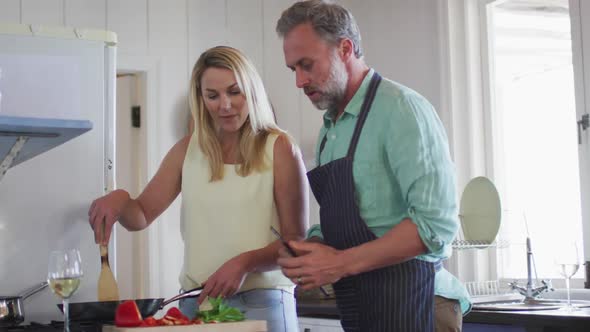 Happy caucasian mature couple cooking together and drinking wine in the kitchen