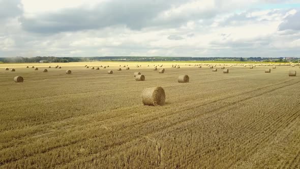 Round Bales Of Straw. Straw bales on farmland with blue cloudy sky