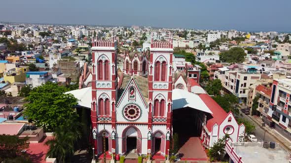 Drone shot of Basilica of the Sacred Heart of Jesus, situated on the south boulevard of Pondicherry