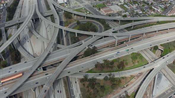 Slowly Circling Aerial View Over Judge Pregerson Interchange Highway Showing Multiple Roads with