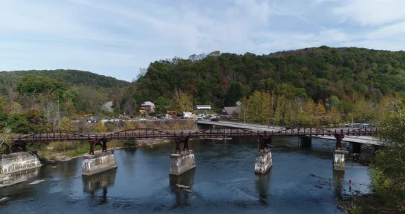 A reverse flyover view of the Youghiogheny River in Ohiopyle, Pennsylvania.