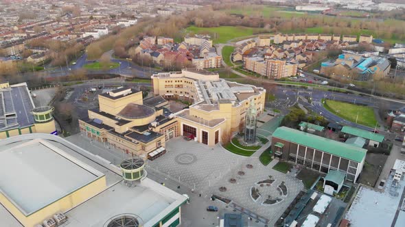 Raising up, panning down on the Basildon City Centre in the morning