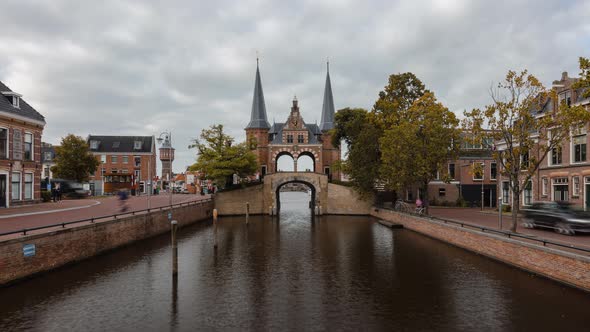 Day Time Lapse with clouds and Gate Waterpoort in Sneek, Friesland, The Netherlands
