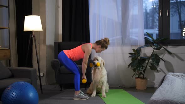 Slim Female Doing Sport Exercise with Dog Trainer