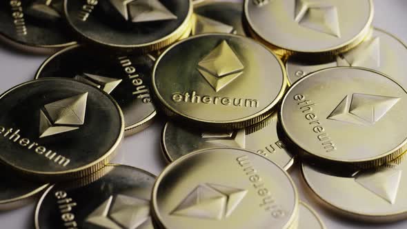 Rotating shot of Ethereum Bitcoins 