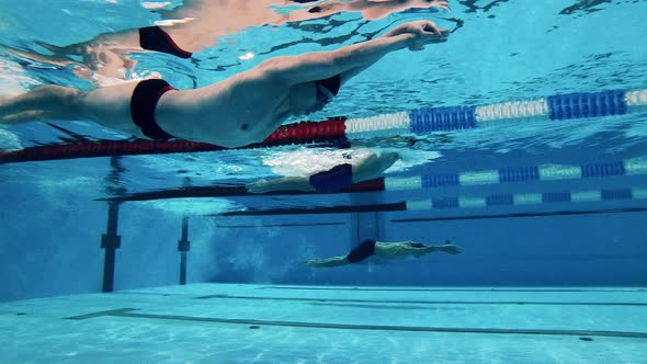 Three Athletes Swim Underwater Using Dolphin Kick Technique