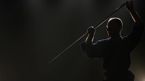 Kendo Fighter Is Practicing Martial Art with the Bokken, Slow Motion