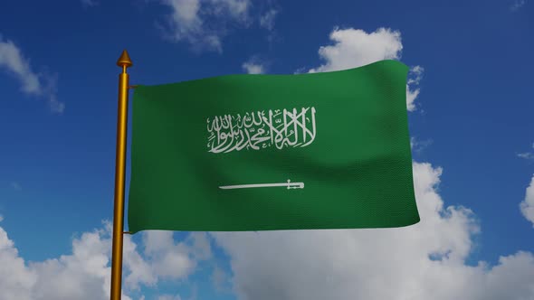 National flag of Saudi Arabia waving with flagpole and blue sky timelapse