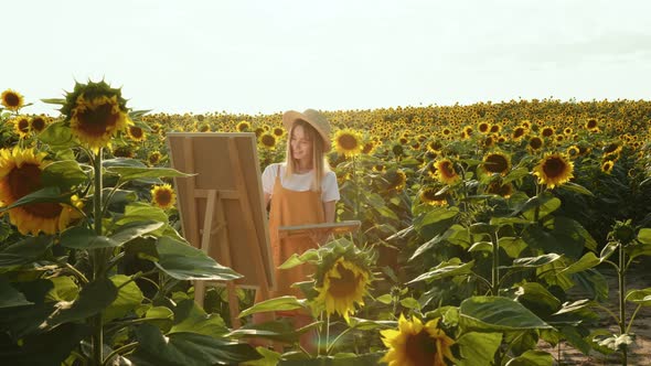 A Woman is Standing in a Field of Sunflowers and Drawing a Picture