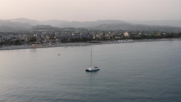 Anchored catamaran boat