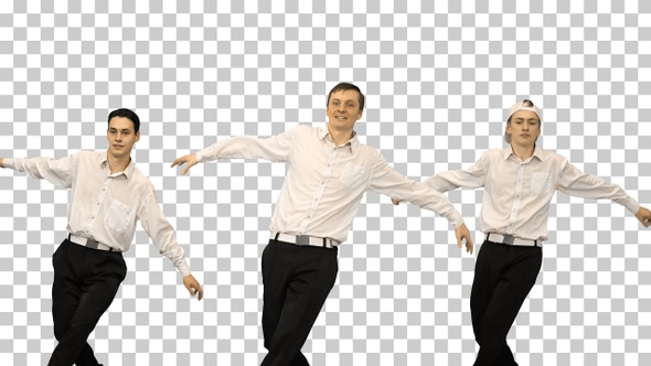 Three smiling guys in white shirts doing, Alpha Channel