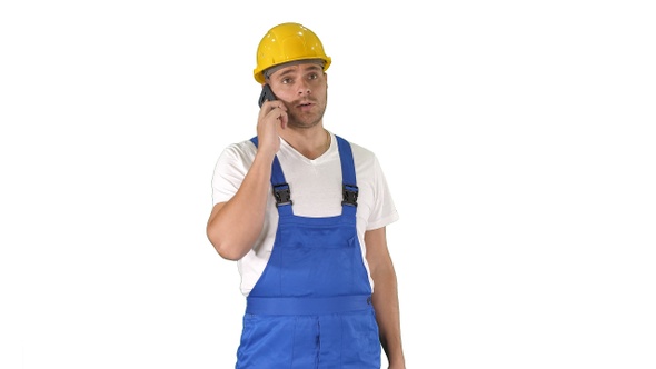 Construction Worker On Telephone on white background.