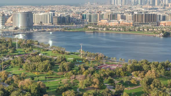 Aerial View of Beautiful Park and Canal in Dubai City United Arab Emirates Timelapse