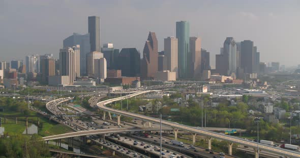 Aerial of cars on 45 North freeway near downtown Houston