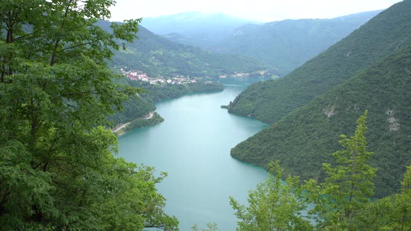 Panorama of Lake Piva Among Green Mountains