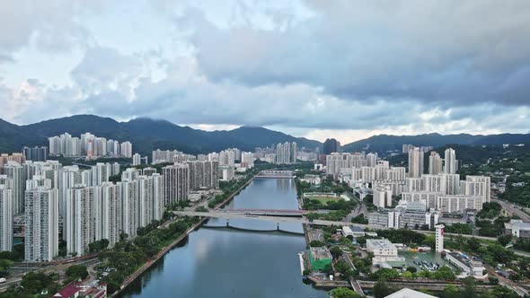 Shatin Skyline over with Shing Mun River with skyscrapers in Hong Kong