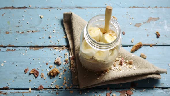 Fruit cereal in jar with napkin cloth 4k