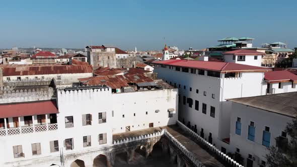 Aerial View of Stone Town Zanzibar City Slum Roofs and Poor Streets Africa