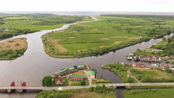 Aerial view of the old bridge in Polessk town, Kaliningrad region, Russia