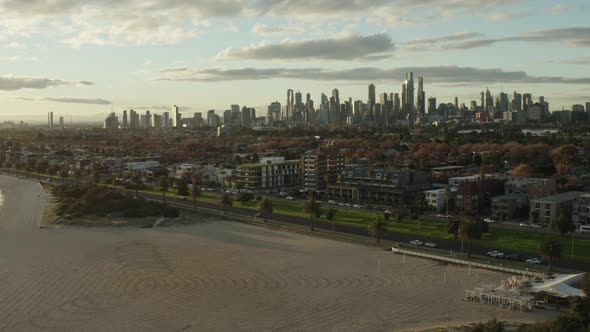 Beautiful Sunset Drone Footage of St Kilda Beach Melbourne City Australia