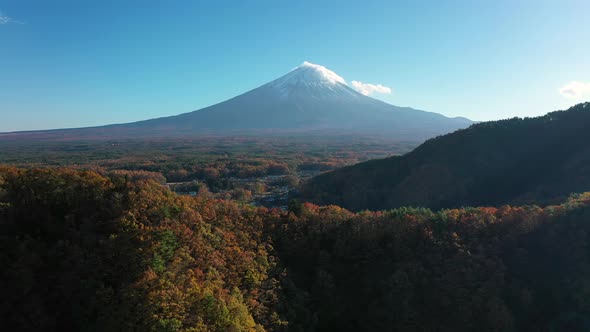 Aerial view 4k video by drone of Mount Fuji at Kawaguchi