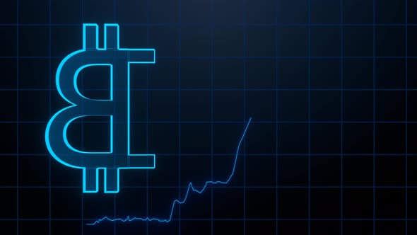 Modern Bitcoin sign hologram with chart going up. Digital currency concept.