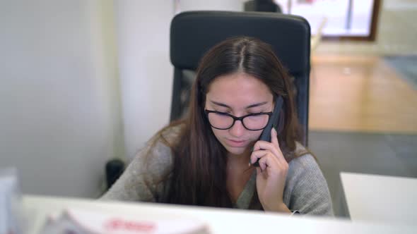 Real estate agent talking on phone at computer