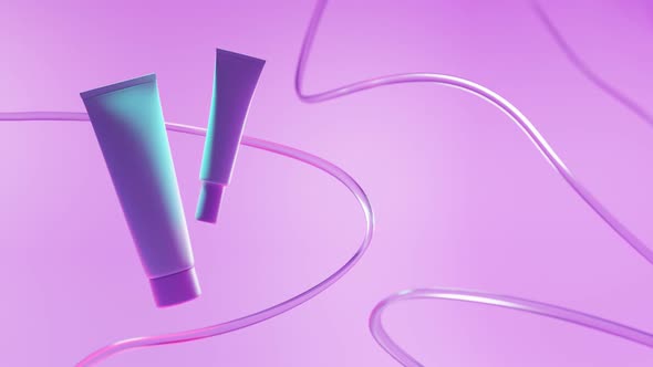 Cosmetics beauty product ad, plastic white tubes in neon light with transparent geometric lines
