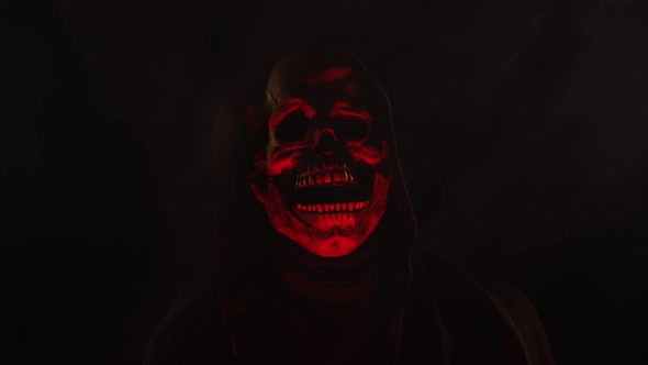 Scary Skeleton skull head figure in a hood for Halloween or horror videos