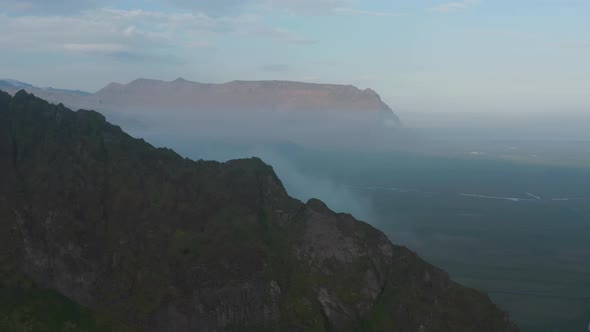 Birds Eye Drone View Over Misty Foggy Countryside in Iceland