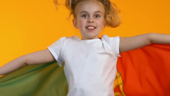 Female Kid Waving Flag of Portugal Little Fan Cheering for National Team Support