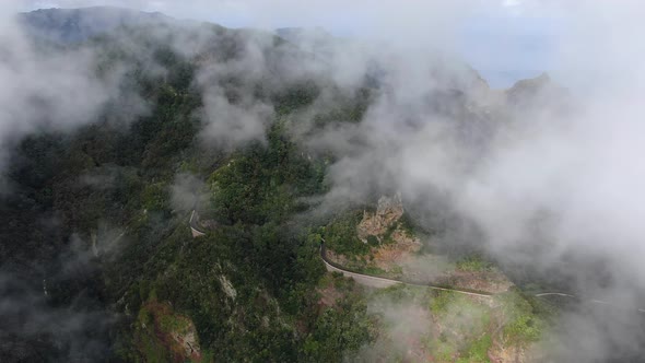 Drone over a road in Anaga mountains, Tenerife, Canary Islands, Spain