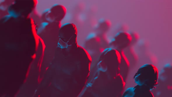 The animation of people in masks walking in dark. A man marching in a  crowd.