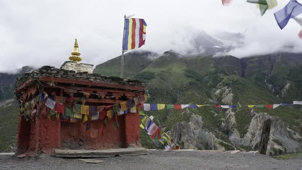 Nepal Trekking. Buddism Flags at Himalaya Mountains