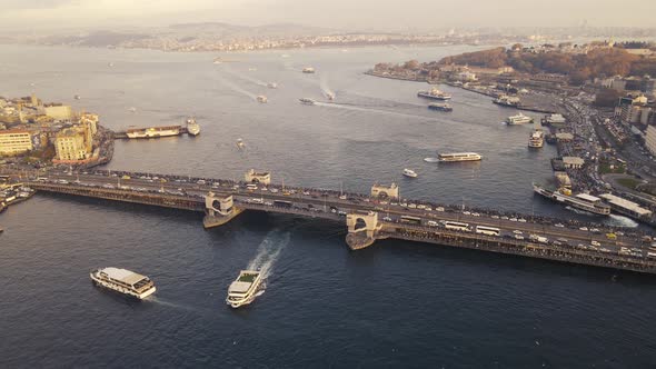 Famous golden horn and galata bridge aerial view