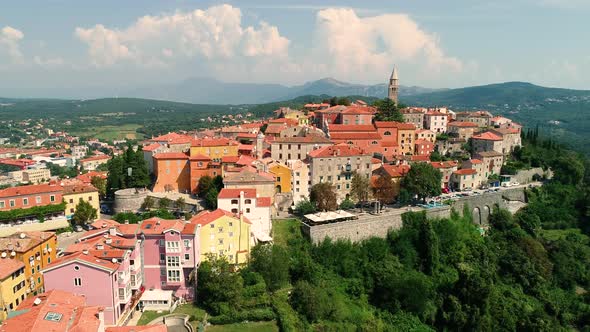 Aerial view of the mountain city of Labin surrounded by nature, Istria, Croatia.