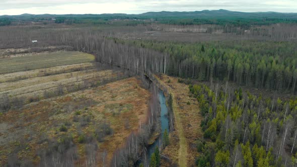 Aerial, tilt out, drone shot, away from a river, surrounded by leafless, autumn forest and fields, o