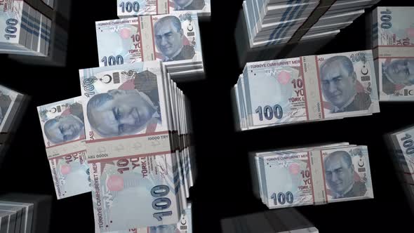 Flight over the Turkish lira money banknote packs loop