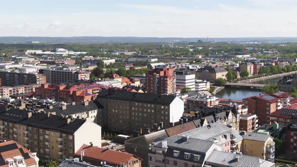 Panoramic cityscape air view during the day in Norrköping, Sweden
