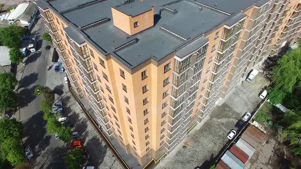 Facade Of A Multi Storey Building. Aerial shot of the new apartments buildings exterior
