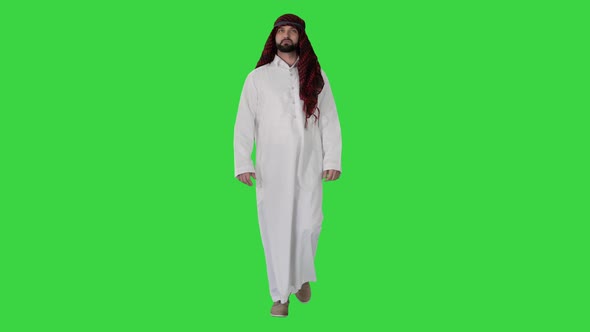 Confident Arabian Sheikh Taking a Walk on a Green Screen, Chroma Key