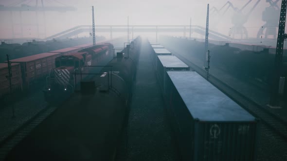 Moving Freight Trains In Cargo Railway Station