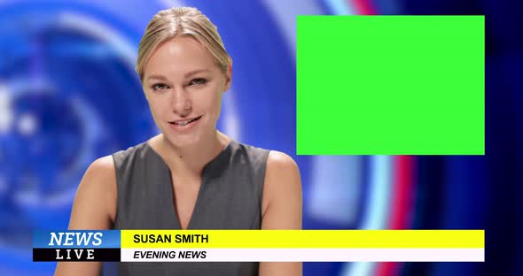 News presenter reading the evening news with greenscreen