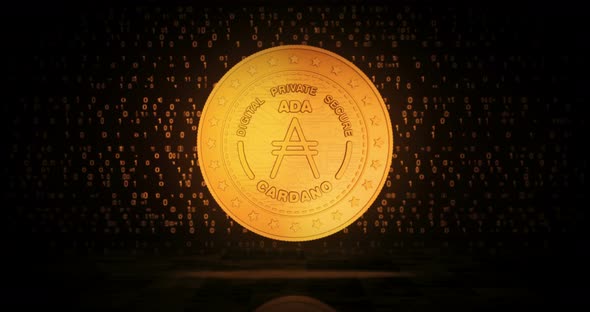 Cardano Ada cryptocurrency golden coin loop on digital background